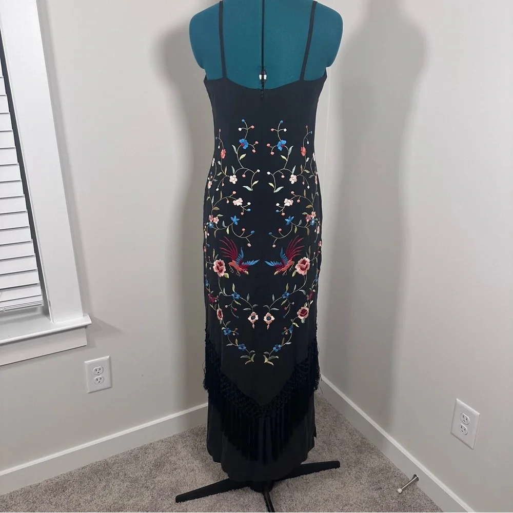 Sue Wong Vintage Black Silk Maxi Dress with Floral Embroidery & Fringe - Picture 9 of 16